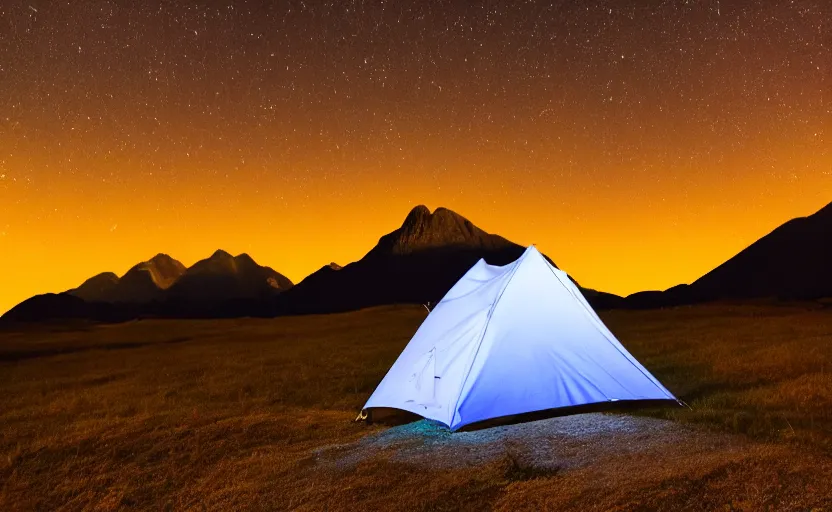 Prompt: night photography of a tent with mountains in the background