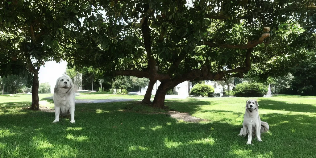 Prompt: newton cools off under a tree full of gardenias