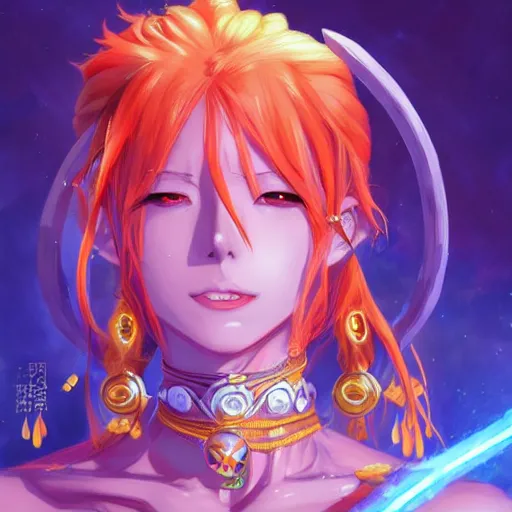 Prompt: anime portrait of Nami as a shaman yedi using dark force to eliminate trump as an anime antagonist by Stanley Artgerm Lau, WLOP, Rossdraws, James Jean, Andrei Riabovitchev, Marc Simonetti, and Sakimichan, trending on artstation