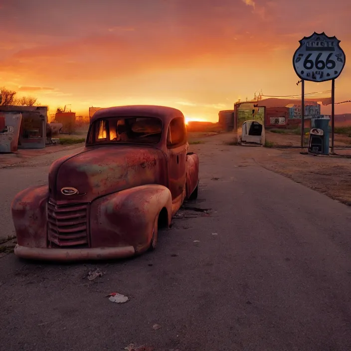 Image similar to a sunset light landscape with historical route 6 6, lots of sparkling details and sun ray ’ s, blinding backlight, smoke, volumetric lighting, colorful, octane, 3 5 mm, abandoned gas station, old rusty pickup - truck, beautiful epic colored reflections, very colorful heavenly, softlight