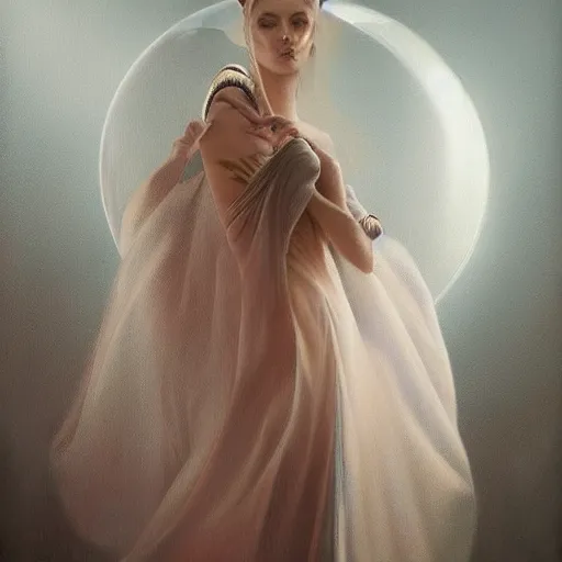 Prompt: by Tom Bagshaw, ultra realist soft painting of a centered floating transparent glass sphere facing beautiful horned female in long curvy dress, reflection and refraction, symmetry accurate features, very intricate details, deep fog, artstation