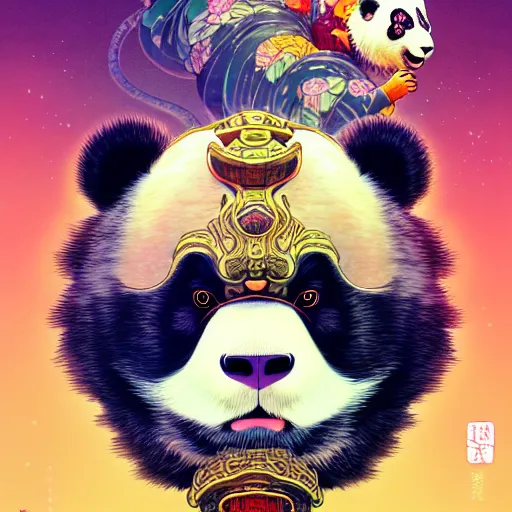 Image similar to a beautiful hyperdetailed character design 4 k wallpaper illustration of a cute panda with a chinese lion dance head victo ngai cyberpunk style, from china, style of studio ghibli, makoto shinkai, raphael lacoste, louis comfort tiffany, artgerm, james jean, ross tran, chinese style