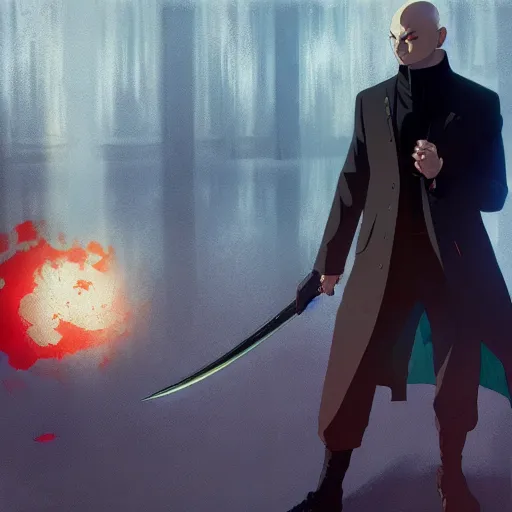 Image similar to Agent 47 in a scene from naruto, artstation, concept art, smooth, sharp focus, illustration, art by and greg rutkowski and alphonse mucha