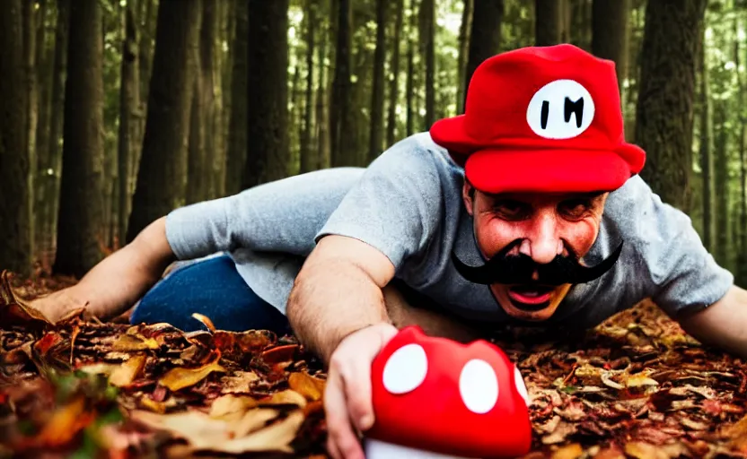 Prompt: italian man with a mustache dressed as mario wearing a solid red mario hat, crawling on the ground, excited face, eyes rolled back, drooling, licking a red mushroom with white spots, in a forest, photography, 5 0 mm lens, f 1. 8