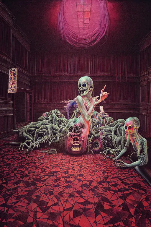 Prompt: a hyperrealistic painting of a haunted hotel lobby with spooky maids and clerk, cinematic horror by chris cunningham, lisa frank, richard corben, highly detailed, vivid color, beksinski painting, part by adrian ghenie and gerhard richter. art by takato yamamoto. masterpiece