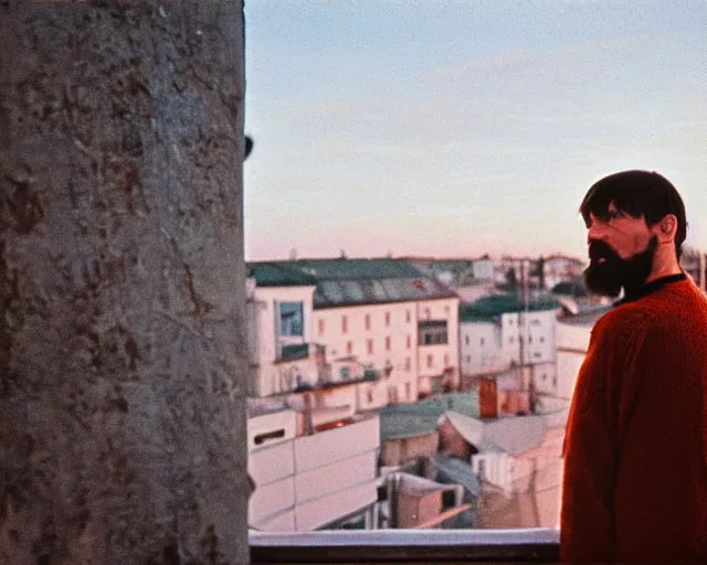 Image similar to lomographic tarkovsky film still of 4 0 years russian man with beard and sweater standing on small hrushevka 9 th floor balcony in taiga looking at sunset, perfect faces, cinestill, bokeh