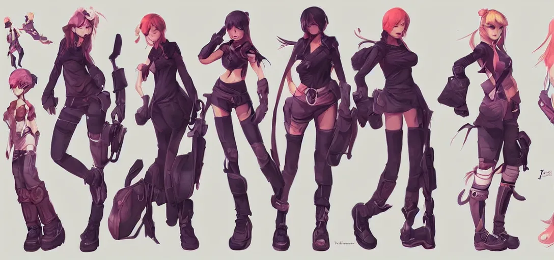 Image similar to character sheet concept art of female video game characters, unique silhouettes, cute casual streetwear, by marc brunet and artgerm