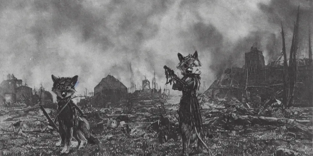 Image similar to anthropomorphic furry wolf in armor standing in front of a burning village, 1900s picture