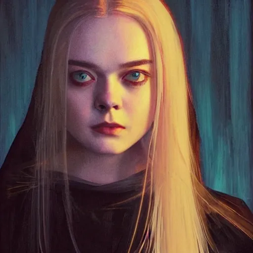 Prompt: Elle Fanning wearing black cultist robes in the style of Paola Vetri, a fire burns on the beach, head and shoulders portrait, stormy weather, extremely detailed masterpiece, oil on canvas, low-key neon lighting, artstation, Blade Runner 2049, Roger Deakin’s cinematography, by J. C. Leyendecker and Peter Paul Rubens and Edward Hopper and Michael Sowa,