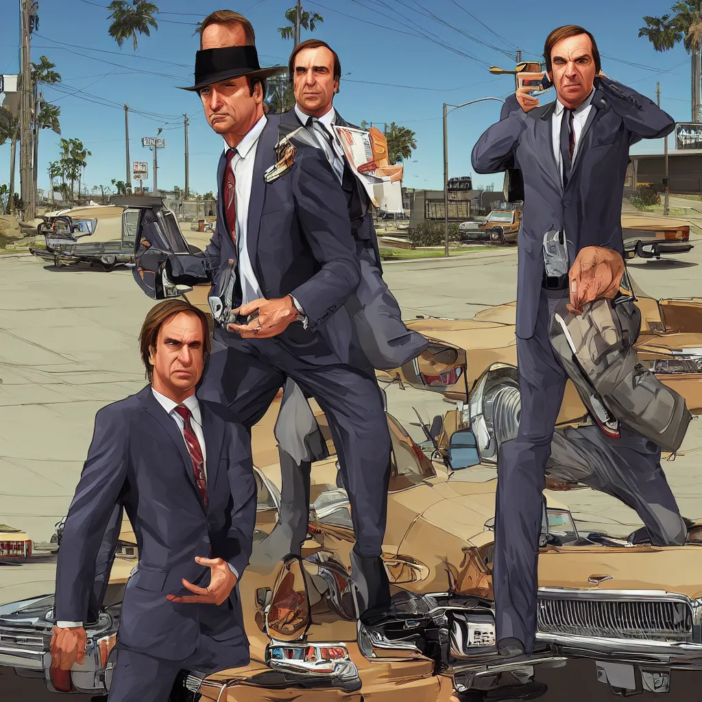 Image similar to Saul Goodman in GTA V, cover art by Stephen Bliss