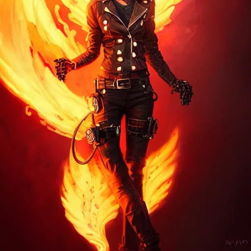 Image similar to female ghost rider, flaming skull, art by greg rutkowski and wlop and raymond swanland and ross tran,