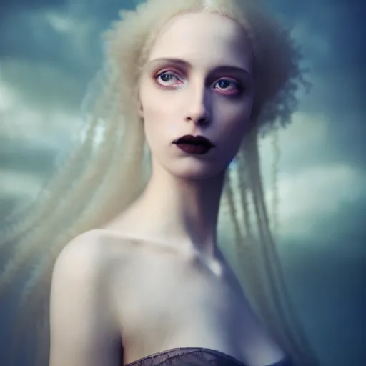 Image similar to photographic portrait of a stunningly beautiful english gothic renaissance female in soft dreamy light at sunset, soft focus, contemporary fashion shoot, in a tim burton movie, by edward robert hughes, annie leibovitz and steve mccurry, david lazar, jimmy nelsson, extremely detailed, breathtaking, hyperrealistic, perfect face, octane render