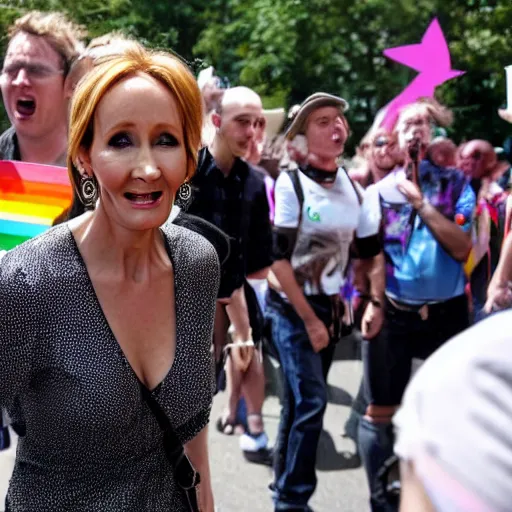 Prompt: JK Rowling starting terrified at a Pride Parade