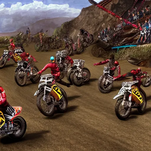 Image similar to erzberg rodeo off road motorcycle race in a 7 circles of hell by dante, game art, super detailed, 5 riders on a picture are going uphill