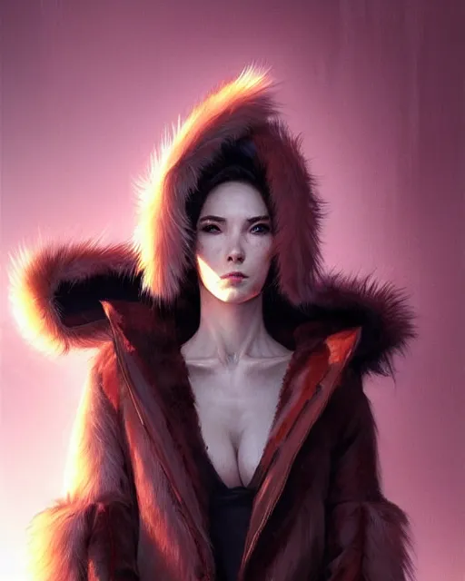 Image similar to fur - lined dragonhide jacket!!! beautiful and elegant female!! gorgeous ayes!! character concept art, sharp focus, illustration, artgerm!! greg rutkowski! wlop!! ilya kuvshinov!! marc brunet!! octane render! unreal engine 5! highly rendered!! trending on artstation!! cgi vfx!