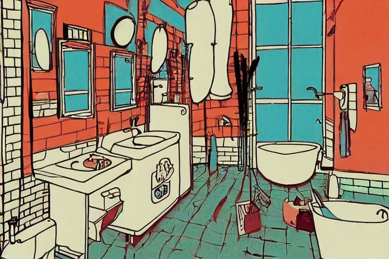 Image similar to modern bathroom, style of studio ghibli + moebius + basquiat, cute,