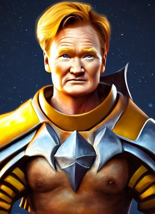 Image similar to profile of conan o'brien as a paladin with short blond hair and big muscles, yellow hair, casting a protection spell, cell shaded, octane, trending on artstation