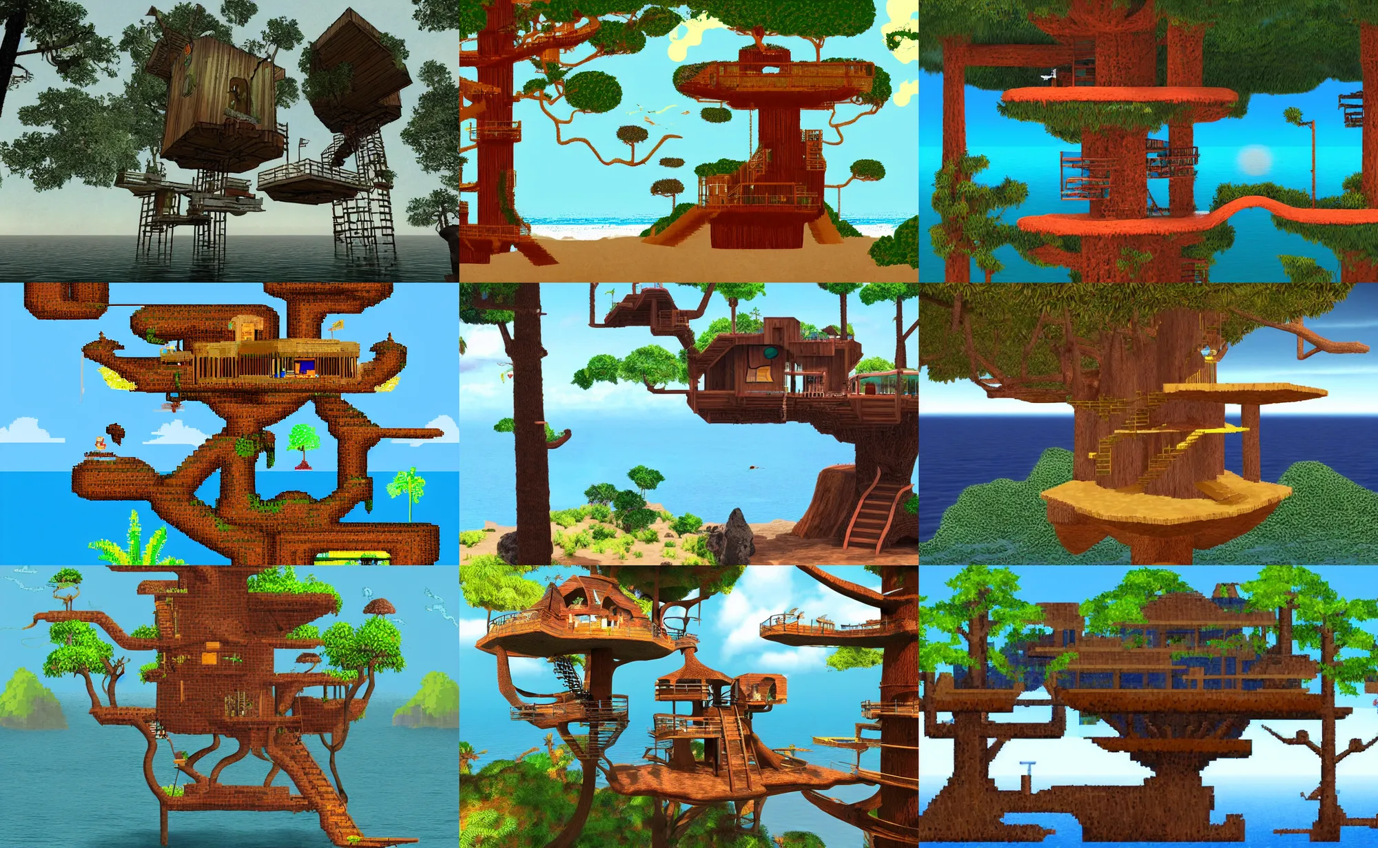 Prompt: atari 2 6 0 0 style of a mystical island treehouse on the ocean