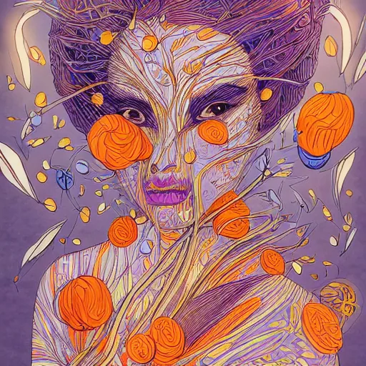 Image similar to a beautiful woman made up of carrots and blueberries, an ultrafine detailed illustration by james jean, intricate linework, bright colors, final fantasy, behance contest winner, vanitas, angular, altermodern, unreal engine 5 highly rendered, global illumination, radiant light, detailed and intricate environment