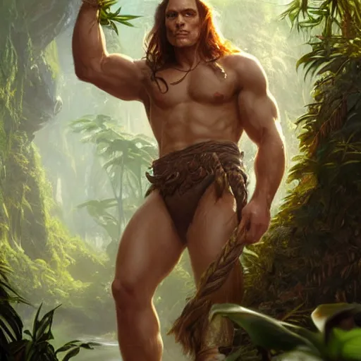 Image similar to Tarzan in the jungle, D&D, fantasy, intricate, elegant, highly detailed, digital painting, artstation, concept art, matte, sharp focus, illustration, hearthstone, art by Artgerm and Greg Rutkowski and Alphonse Mucha