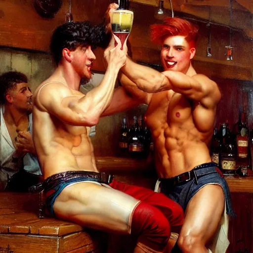 Prompt: attractive muscular male with red hair and attractive muscular male with black hair. pants and shorts, drinking their hearts out, having fun, in a pub. very defined painting by gaston bussiere, j. c. leyendecker, craig mullins 8 k