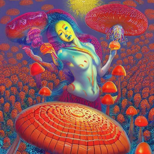 Prompt: a japanese psychedelic love goddess, a sense of awe, offering mushrooms, illustration, slime, amanita - muscaria, elegant, hyper realistic, super detailed, by tadanori yokoo