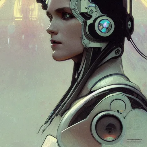 Image similar to Futuristic Robot, sci-fi art by alphonse mucha and greg rutkowski, highly detailed, digital painting, concept art, illustration, dim lighting, trending on artstation, very detailed, smooth, sharp focus