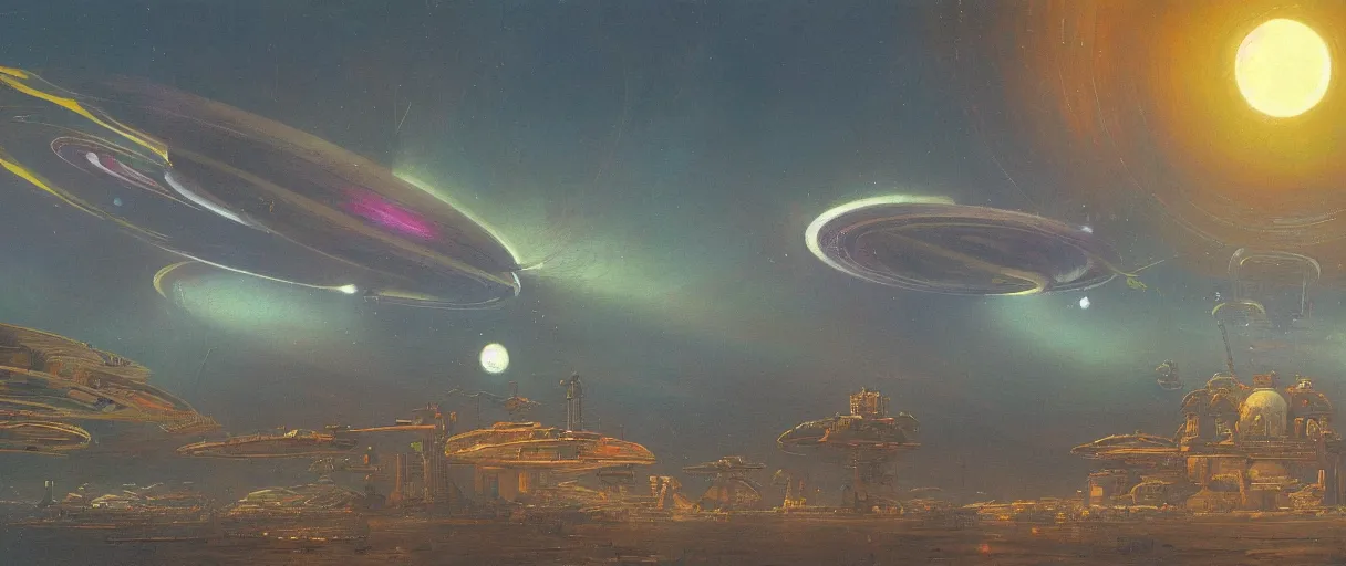 Image similar to a wide shot of a large distant hi-tech sci-fi spaceship from the outside, with a lot of bright color lights, bridges, turrets, pipes, orbiting a gas giant planet, beautiful, volumetric light, photography, color, intricate, extremely detailed, photorealistic, a painting by Beksinski