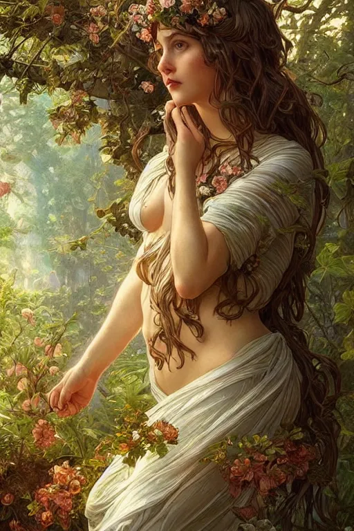 Prompt: beautiful cottagecore aphrodite goddess!!, intricate, magical forest, stunning, highly detailed, digital painting, artstation, concept art, smooth, sharp, focus, illustration, art by artgerm and greg rutkowski and alphonse mucha