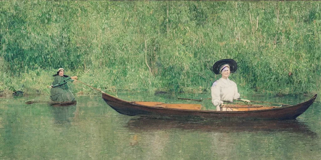 Prompt: An Edwardian woman wearing a green dress sits on a row boat, she is fishing, she is wearing a green hat, trees can be seen in the background, in the style of carl larsson