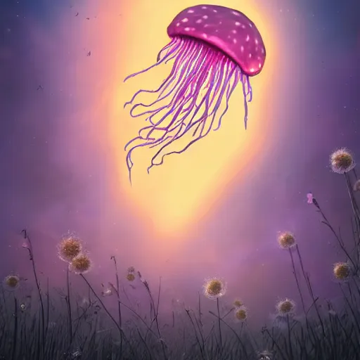 Prompt: brain jellyfish hovering above a sci - fi field of wild flowers by artists trending on artstation and deviantart