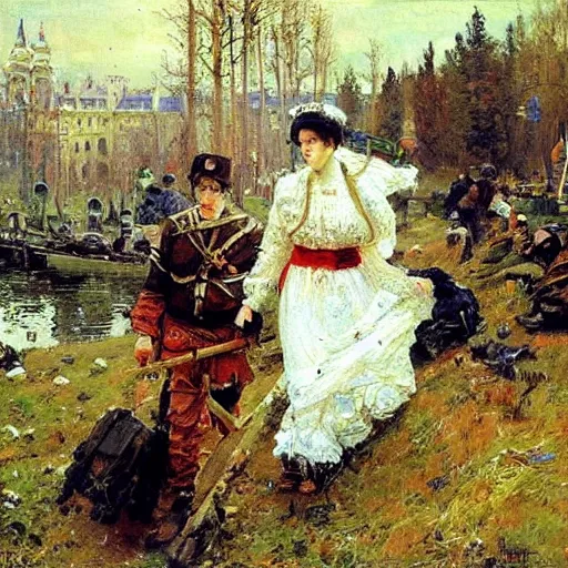 Image similar to painting masterpiece by vasnetsov and surikov, JEAN-VICTOR BERTIN, by Terence Cuneo