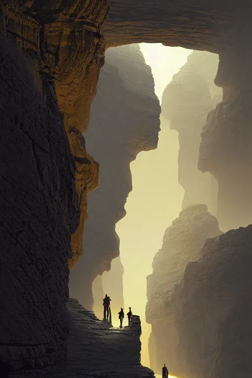 Prompt: monks walking through canyon to ancient temple glowing yellow, carved into cliff, light streaks in the sky, eclipse, dramatic lighting, artstation, matte painting, ralph mcquarrie, simon stalenhag