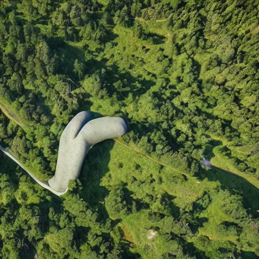 Prompt: gigantic concrete body parts integrated in the mountains, surrounded by vegetation, perspective shot from the sky, realistic, by origiful, 4 k