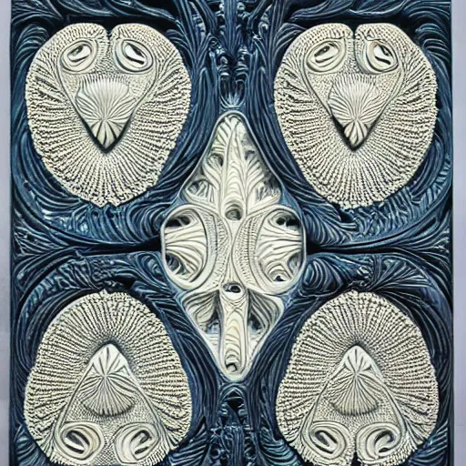 Prompt: fractals, maze, thin lines, high detail, ernst haeckel, carved soapstone relief paneling white and pale blue