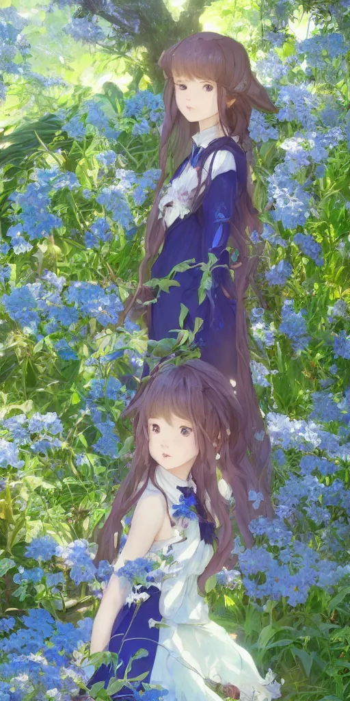 Prompt: a digital art of a loli with long hair in a dress in the privet garden at after noon, green and warm theme, blue flowers accents, back lighting, by krenz cushart and mucha and akihito yoshida and greg rutkowski and makoto shinkai, highly detailed, 4 k resolution, trending on art station