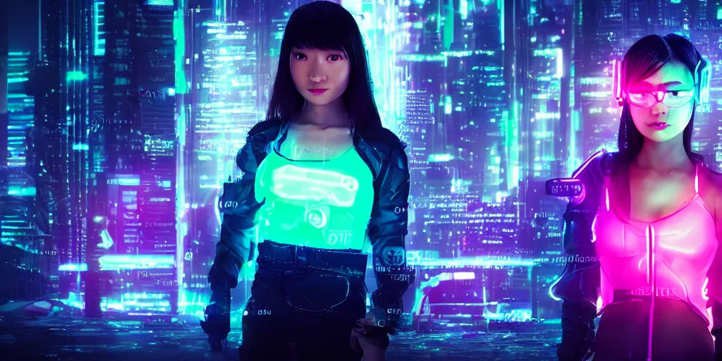 Prompt: cyberpunk people futuristic banner neon girl halo, asian girl, sci fi background, glow in the dark