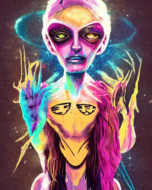 Prompt: a color grunge drawing of a pleiadean extraterrestrial, in the style of ryan hewett and a quentin tarantino character, biometric, loony toons style, horror themed, detailed, elegant, intricate, trending on artstation, 4 k