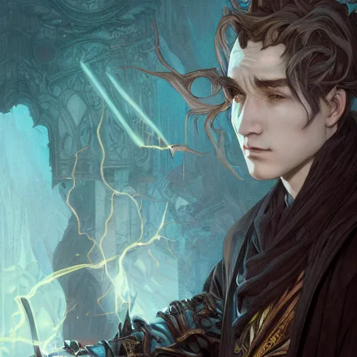 Prompt: breathtaking epic fantasy comic book style portrait of a male necromancer, castle setting, horror movie lightning, intricate, elegant, highly detailed, digital painting, artstation, concept art, matte, sharp focus, illustration, art by Artgerm and Hsiao-Ron Cheng and Alphonse Mucha, extremely moody lighting, hyperrealistic, octane render, RPG portrait, ambient light, dynamic lighting