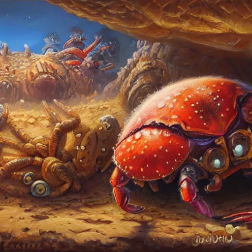 Image similar to crab - pig creature, oil painting by justin gerard