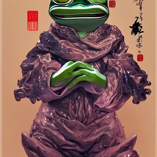 Image similar to plasticine wet shiny angles, crystal, moonlit, mirrors, camera angled dramatically, realistic hyperdetailed design of pepe the frog meme, ferocious, chinese mythology, victo nga, fumo yoshitoshi, ren jing jeong, feifei ruan, peter mohrbacher, takato yamamoto