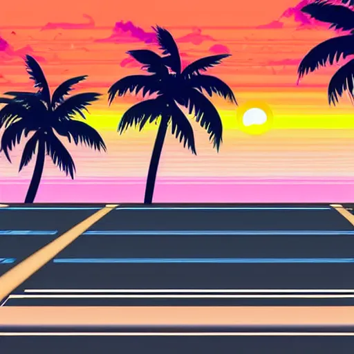 Prompt: retrowave style, the road goes into the sunset, the road is flanked by palm trees, the ocean is on the right side, the road is driven by a delorian.