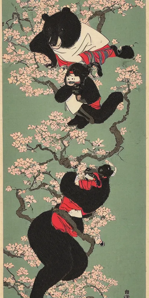 Prompt: anthropomorphic asian black bear samurai, lifting up a small girl wearing a kimono, to pick an apple from a branch above their heads. a menacing snake curled through the branches. top japanese artists of all time