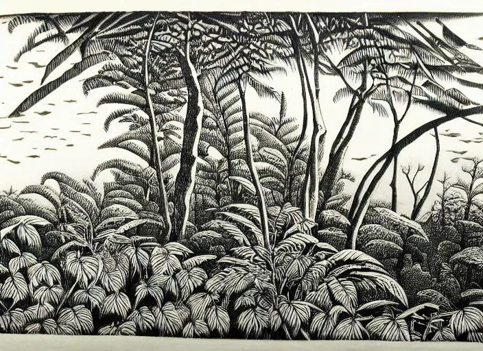 Image similar to a beautiful wood engraving on paper of the jungle