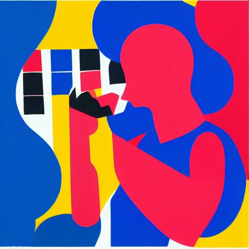 Image similar to a silhouette of a person on the phone, abstract painting in the style of Sophie Taeuber-Arp and Gary Hume and Tatsuro Kiuchi, flat colour-block style, geometric abstraction, dark colours