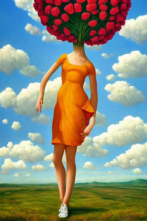 Image similar to giant carnation flower head, woman standing, surreal, clouds in sky, impressionist painting, digital painting, artstation, rob gonsalves