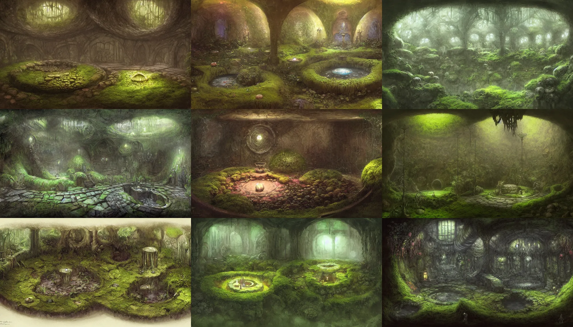 Prompt: underground room, round soft glowing pool in the centre, earth walls with mosses and ferns, damp, dark, gothic by rutkowski and brian froud, concept art, sharp focus, smooth