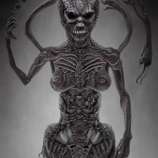 Image similar to a human being possessed by a 4th dimensional reptilian which controls her from behind, spooky, dark, creepy, trending on artstation, intricate detail, smokey