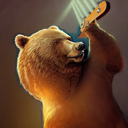 Image similar to realistic bear holding a wooden triangle combined with guitar neck, realistic portrait, symmetrical, highly detailed, digital painting, artstation, concept art, smooth, sharp focus, illustration, cinematic lighting, art by artgerm and greg rutkowski and alphonse mucha