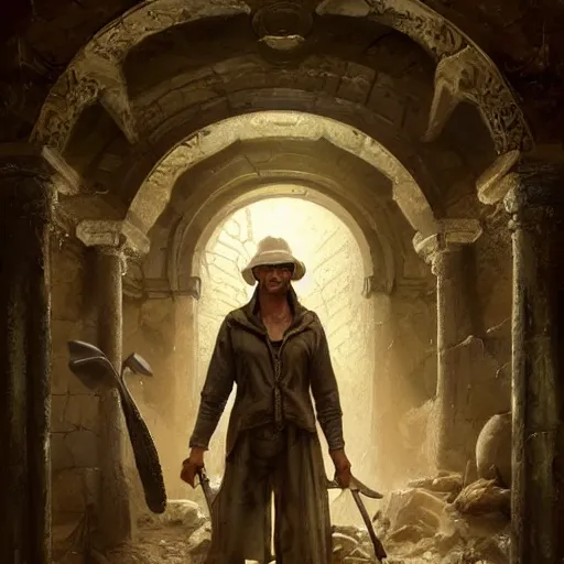 Image similar to epic masterpiece of cinematographic hyperrealism where an archeologist finds a goblet of immortality in an ancient crypt. realistic shaded lighting poster by craig mallismo, artgerm, jeremy lipkin and michael garmash, unreal engine, detailed and intricate environment, digital art, art station trends, horror, matte